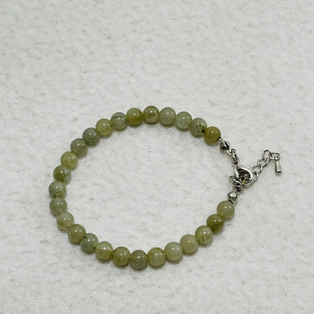 Natural Green Jade Bracelet 7” Bead Round Small Silver Asian Thailand Lucky Luck